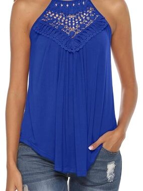 Crochet Yoke Halter Tank Top - Royal Blue